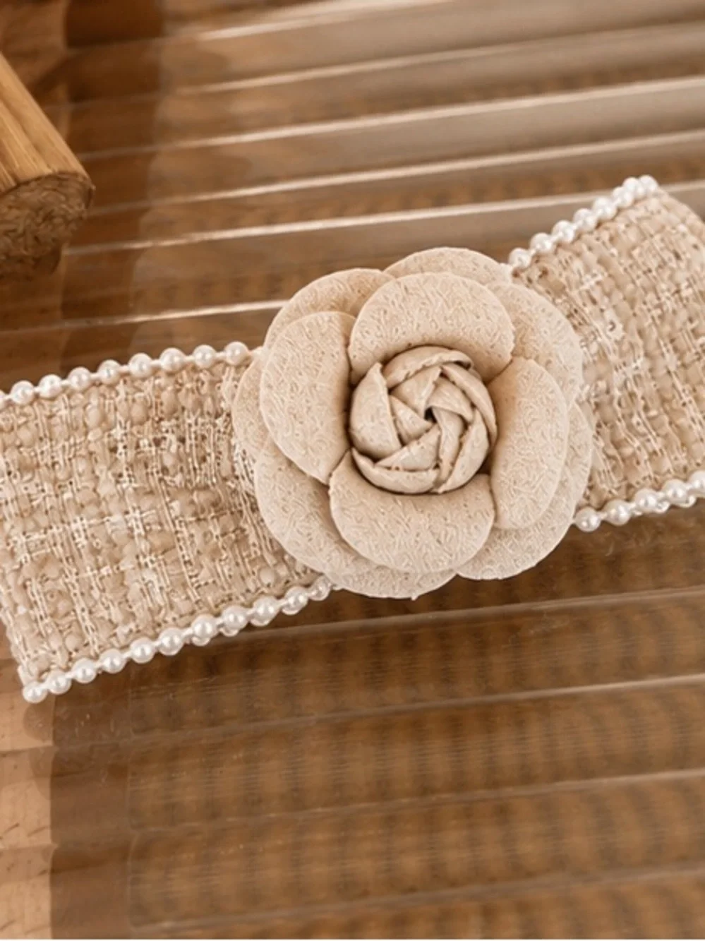 Designer Inspired Tweed Camellia Flower Hair Barrette Pearl Trim Beige Clip